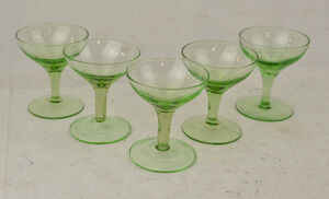 Vintage Green Glass Cordial Liqueur Glasses Footed Stemware Set of 5 3”